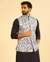 Men Light Grey Printed Nehru Jacket